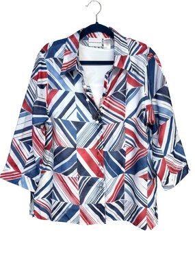 Alfred Dunner Geometric Red White Blue Button Down Tank Nautical Necklace Sz 16
